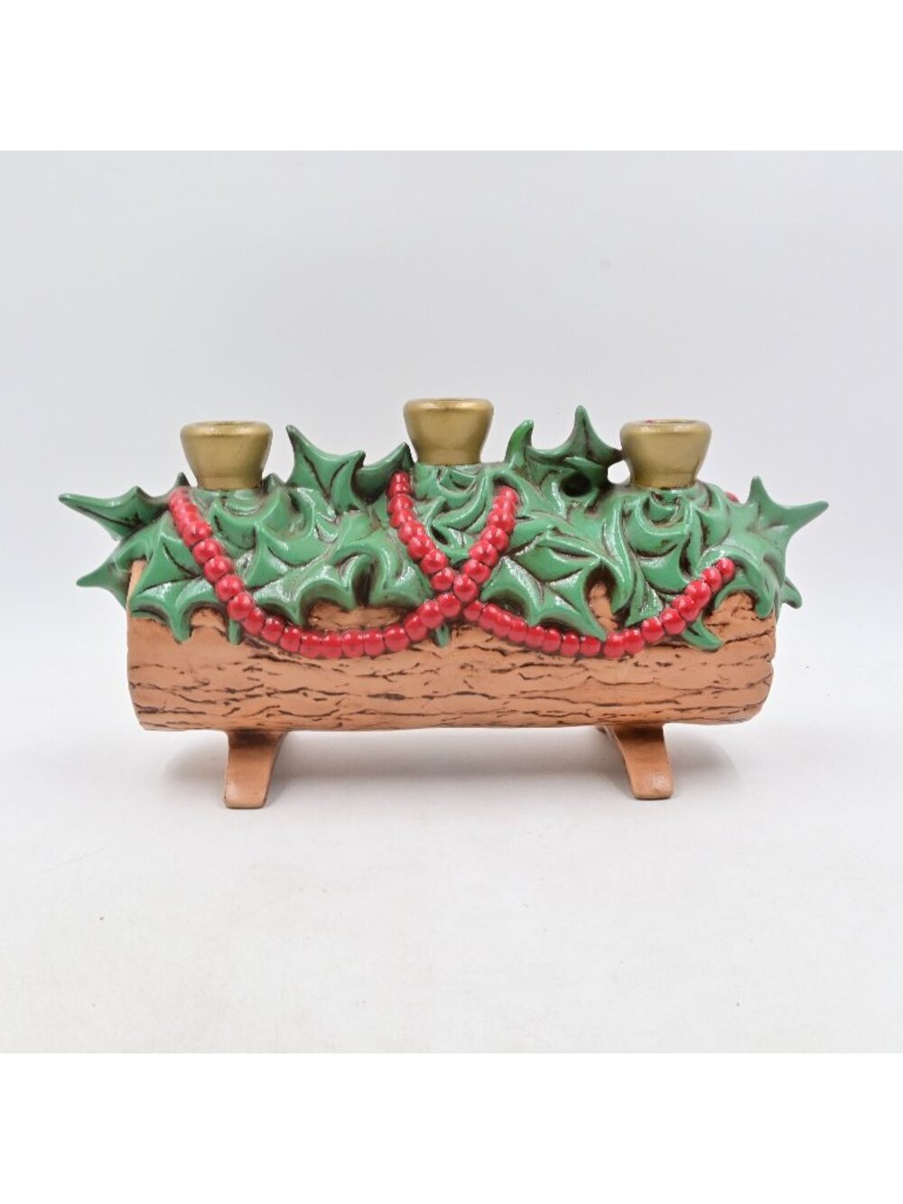 Atlantic Mold Ceramic Christmas Yule Log Taper Candle Holder Holly Decor Vintage